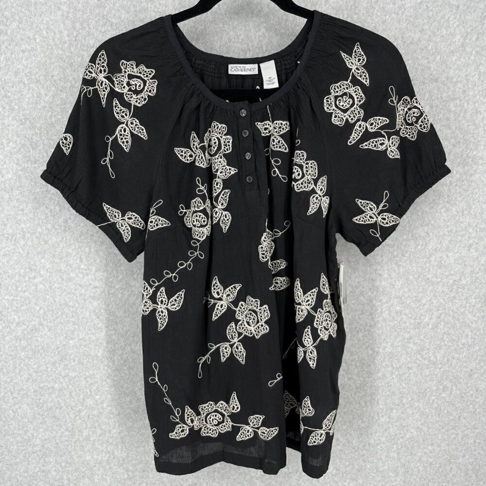 Catherines Gauzy Embroidered Blouse Size 0X Black White Cottage Boho Casual NEW
